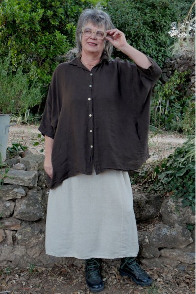 Jupe lin Gaelle Beige et Chemise lin over size Romy Chocolat
