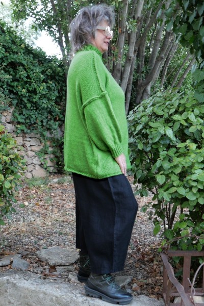 Pull Femme Over size Grande Taille Vert Pop – Col Cheminée, Laine