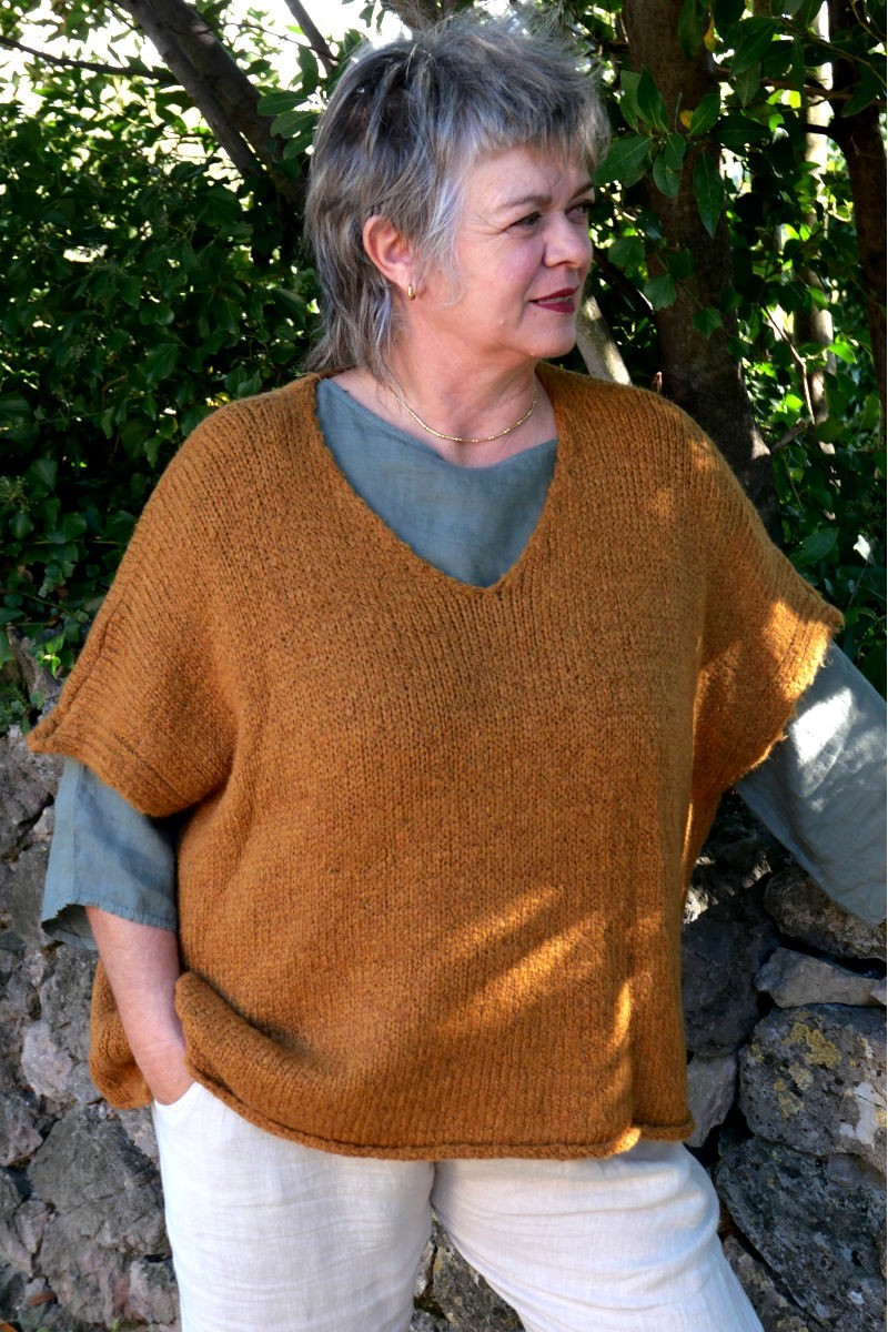 Pull over size sans manche Rufus couleur Automne et Top lin réversible Aristide kaki