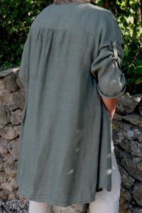 Veste longue en lin kaki femme grande taille – Col V, boutons