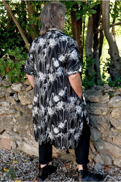 Robe/Tunique Grande Taille Over size en Coton – Fleurs Noir & Blanc
