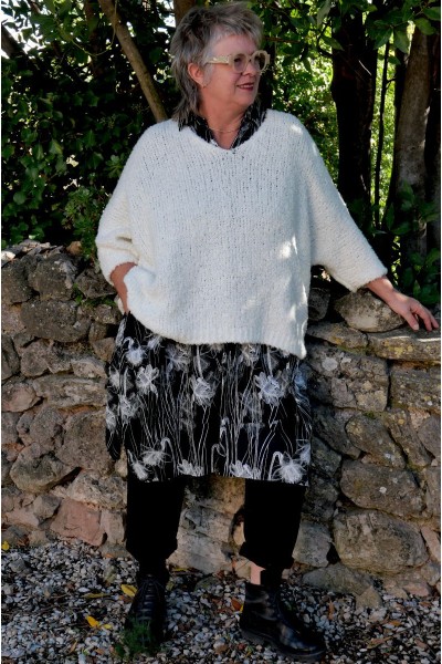 Robe/Tunique Grande Taille Over size en Coton – Fleurs Noir & Blanc