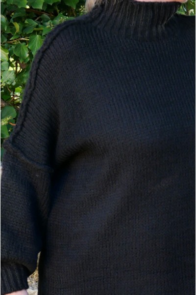 Pull Femme Over size Grande Taille Noir – Col Cheminée, chaud, Laine