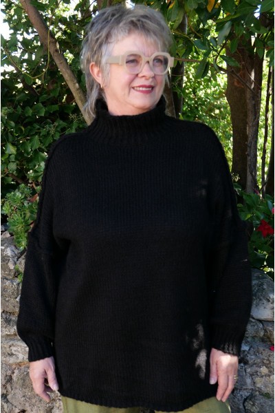 Pull Femme Over size Grande Taille Noir – Col Cheminée, chaud, Laine