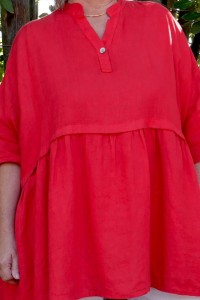 Tunique en lin rouge femme grande taille – Col V bouton, manches