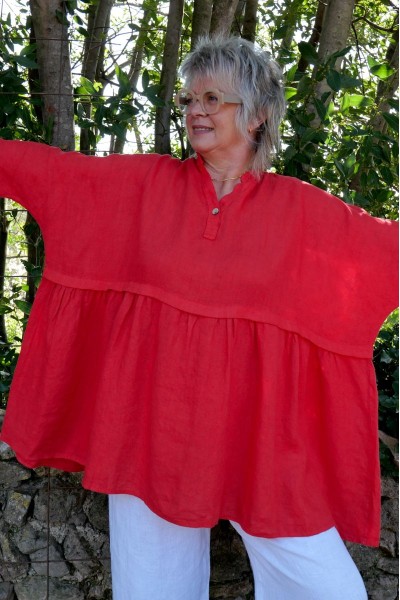 Tunique en lin rouge femme grande taille – Col V bouton, manches