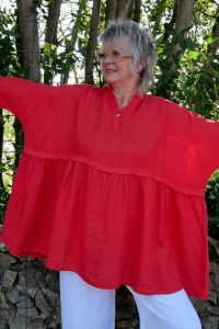 Tunique en lin rouge femme grande taille – Col V bouton, manches