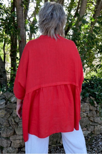 Tunique en lin rouge femme grande taille – Col V bouton, manches
