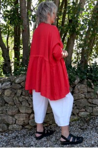 Tunique en lin rouge femme grande taille – Col V bouton, manches