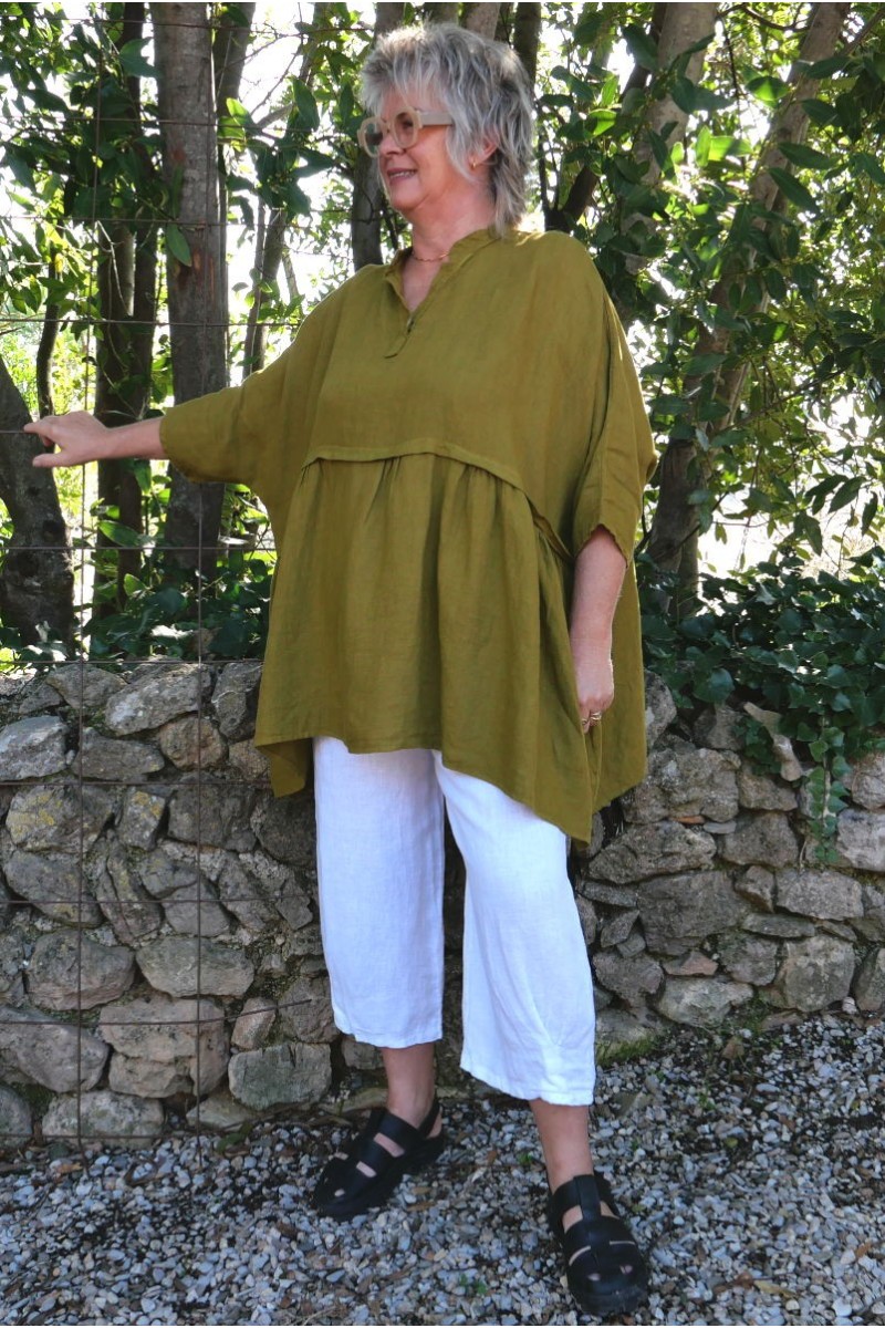 Tunique lin grande taille Colette Vert Botanique et Pantalon lin Omer Blanc