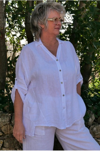 Chemise blanche en lin femme grande taille – Col V, manches 3/4