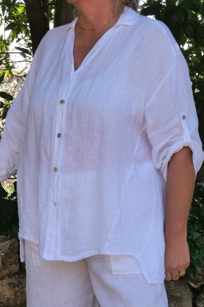 Chemise blanche en lin femme grande taille – Col V, manches 3/4