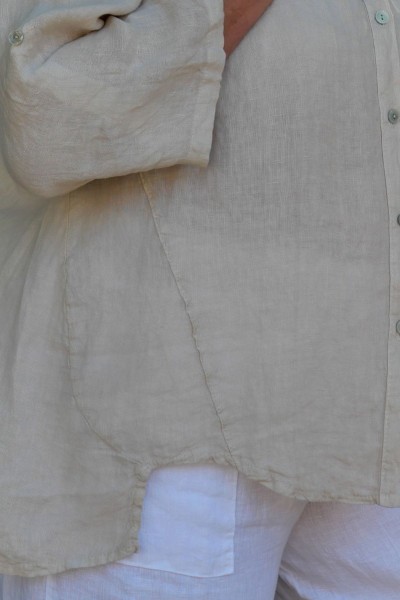 Chemise beige en lin femme grande taille – Col V, manches 3/4