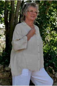 Chemise beige en lin femme grande taille – Col V, manches 3/4