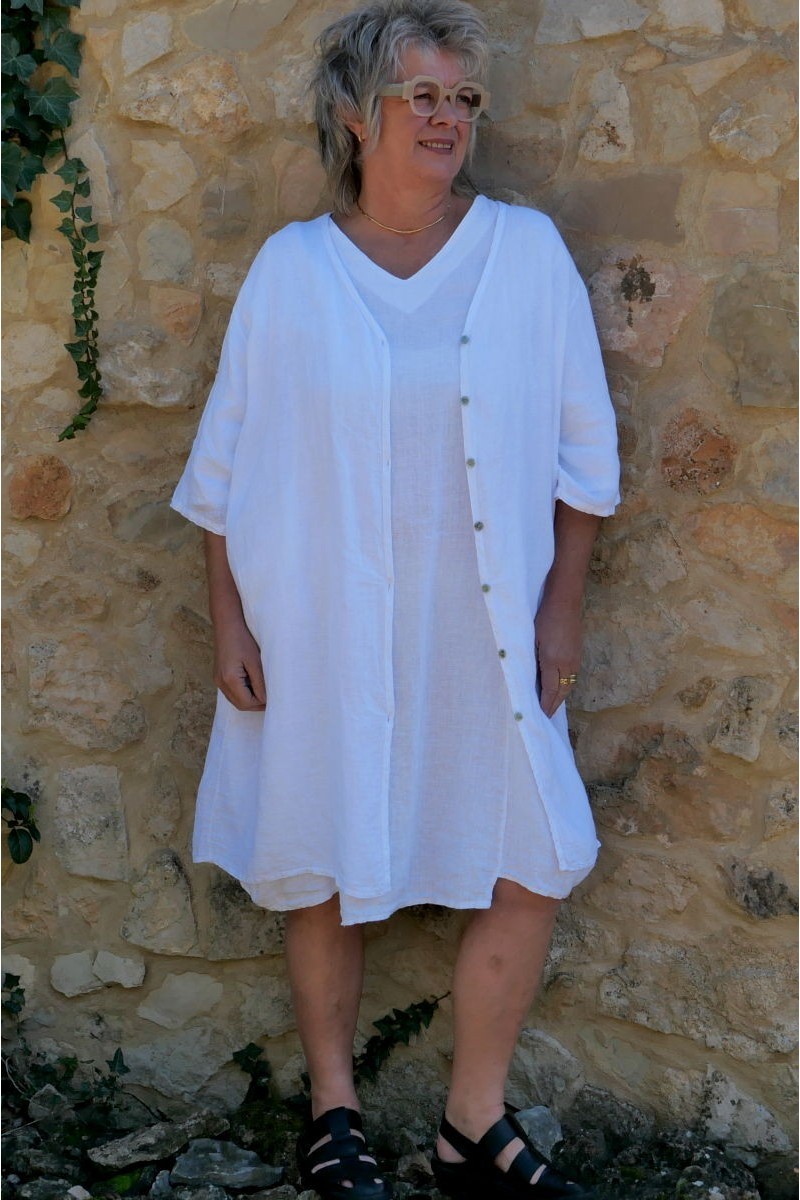 Veste lin Celeste Blanche et Robe longue lin Sophia Blanche