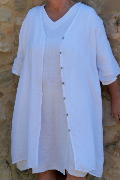 Veste lin blanc pour femme grande taille -  col V, 5 Boutons.