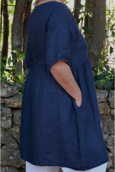 Robe tunique en lin bleu marine femme grande taille – Poches, col rond