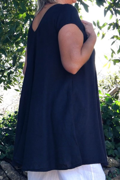 Tunique femme grande taille lin bleu marine - col V, poches, trapèze