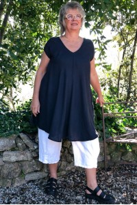 Tunique femme grande taille lin bleu marine - col V, poches, trapèze