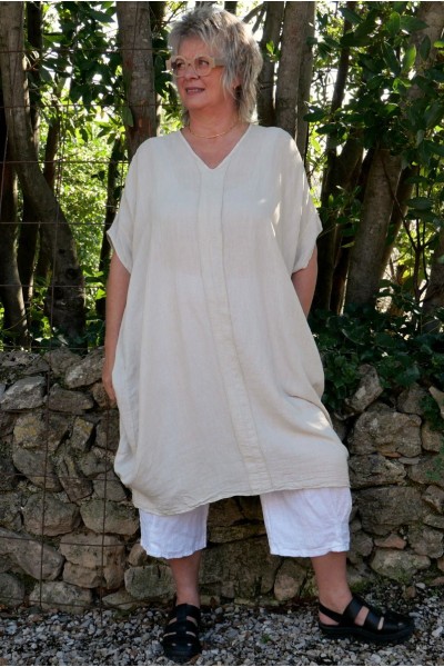 Robe lin beige femme grande taille jusqu’au 54 – col V devant et dos