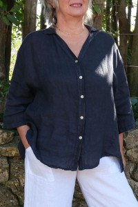 Chemise marine en lin femme grande taille – Col V, manches 3/4