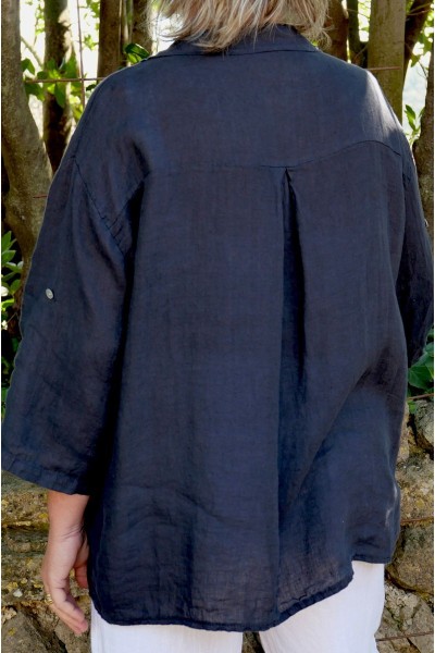 Chemise marine en lin femme grande taille – Col V, manches 3/4