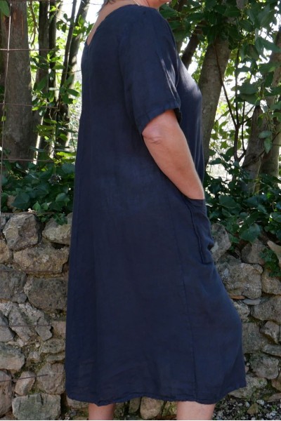Robe longue lin Grande taille bleu marine - Col V, élégante, naturelle