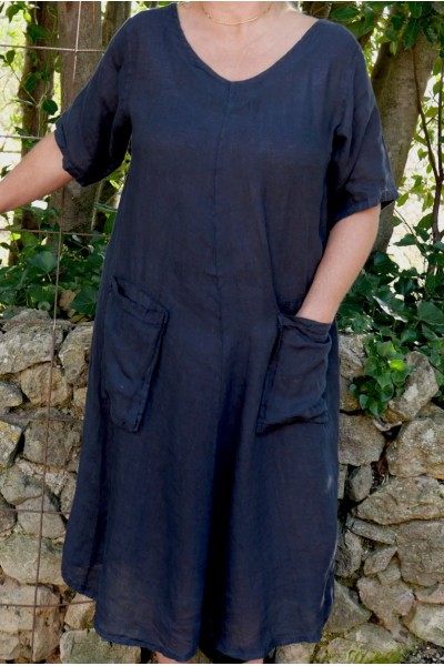Robe longue lin Grande taille bleu marine - Col V, élégante, naturelle