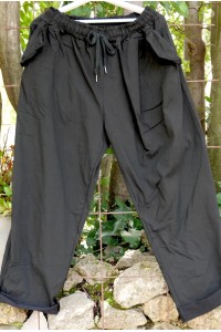 Pantalon noir femme grande taille – taille élastique, poches et cordon