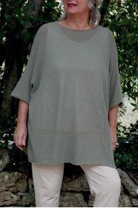 Pull maille coton kaki femme grande taille over size manches courtes