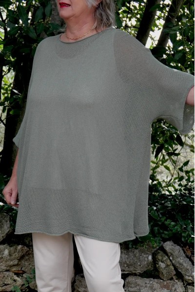 Pull maille coton kaki femme grande taille over size manches courtes