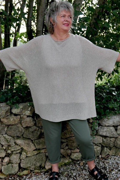 Pull maille coton taupe femme grande taille over size manches courtes
