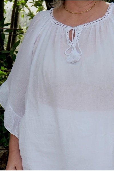 Blouse femme grande taille voile de coton – col brodé, manches 3/4