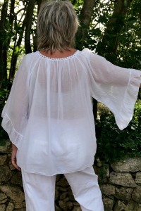 Blouse femme grande taille voile de coton – col brodé, manches 3/4