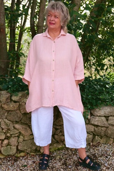 Chemise en lin over size femme grande taille – manches courtes, poches