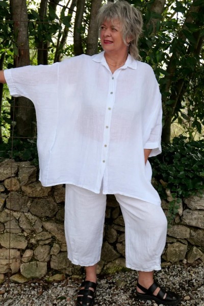 Chemise en lin blanche over size femme grande taille – manches, poches