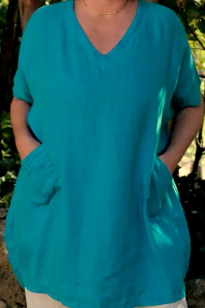 Tunique en lin femme grande taille col V manches courtes avec poches.