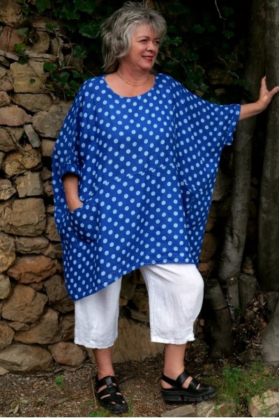 Tunique lin grande taille Marie Pois bleu roi