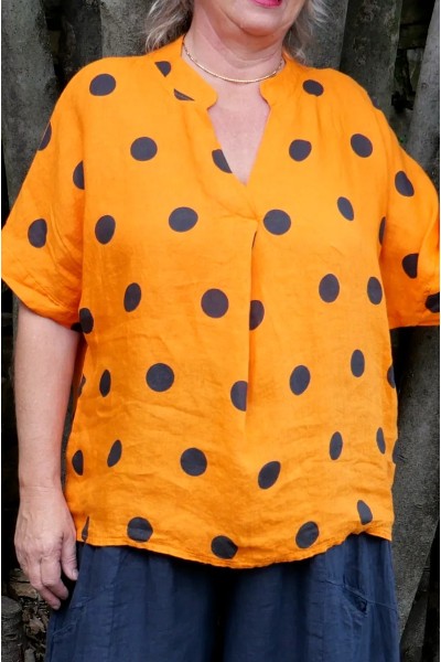 Top lin femme grande taille orange à pois – col V chemisier, manches