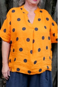 Top lin femme grande taille orange à pois – col V chemisier, manches
