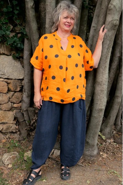 Top lin femme grande taille orange à pois – col V chemisier, manches