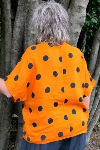 Top lin femme grande taille orange à pois – col V chemisier, manches
