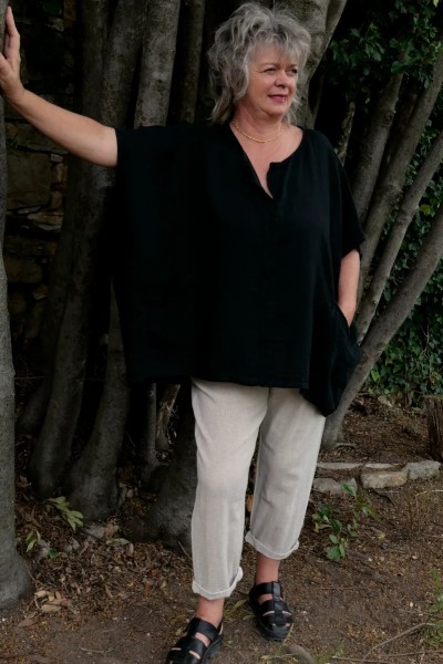 Tunique lin femme grande taille col V, légère, asymétrique avec poches