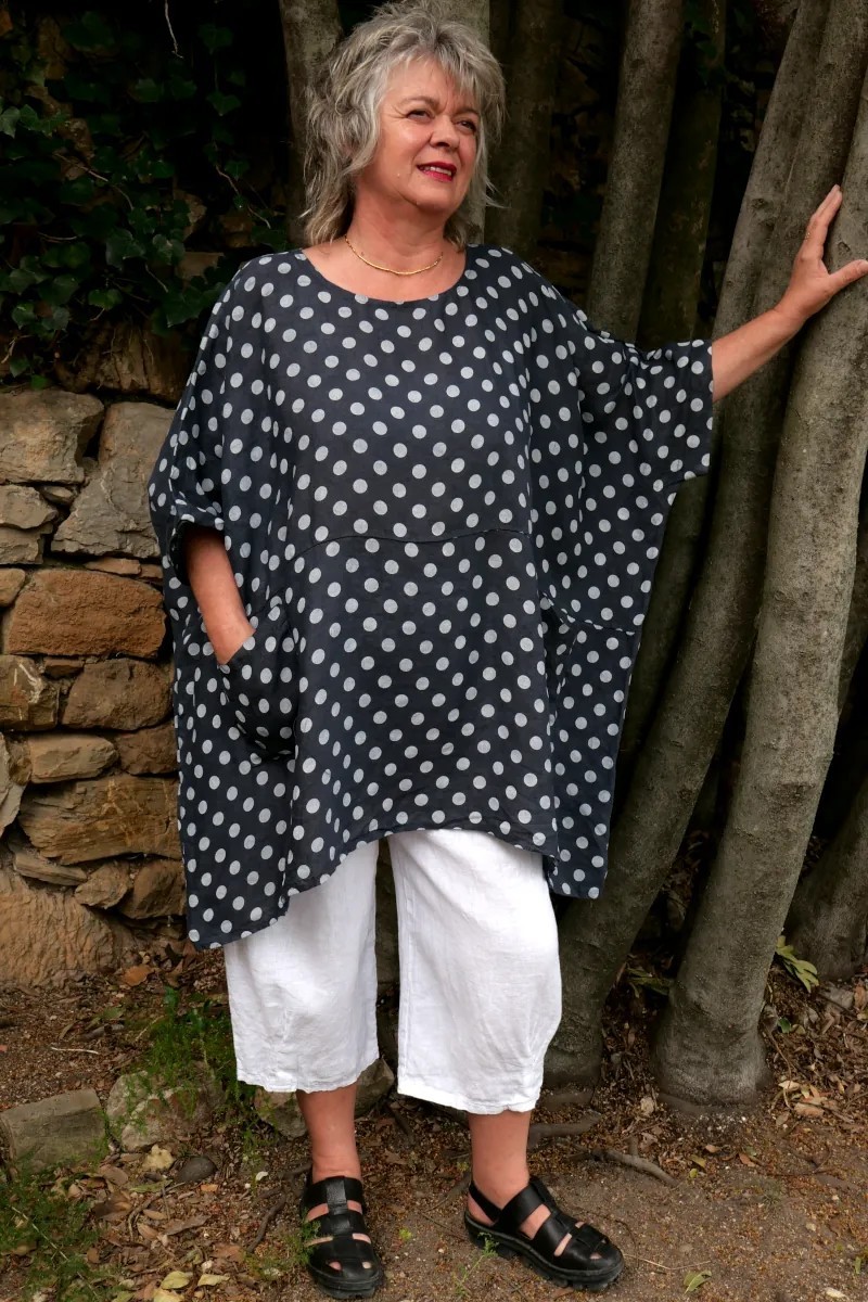 Tunique lin grande taille Marie Pois bleu marine