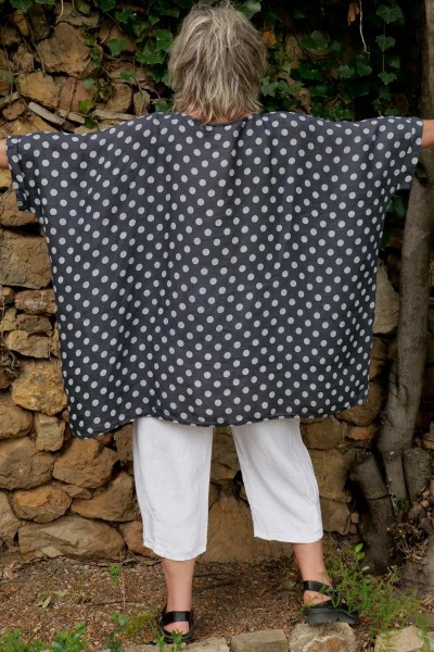 Tunique lin oversize marine à pois - grande taille femme, confortable.