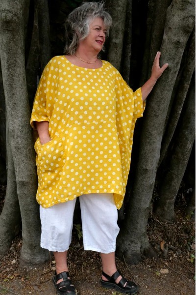 Tunique lin oversize jaune à pois - grande taille femme - confortable