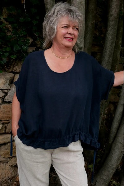 Top lin grande taille femme over size asymétrique à cordon – col rond