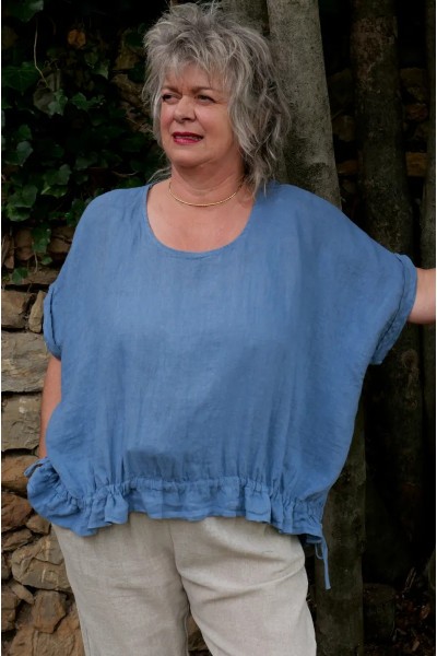 Top lin bleu grande taille femme oversize asymétrique réglable – léger