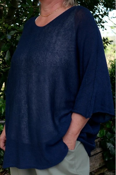 Pull maille coton bleu pour femme grande taille oversize col V féminin