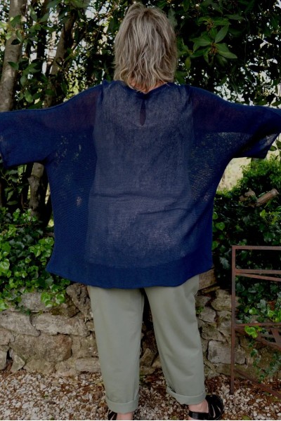 Pull maille coton bleu pour femme grande taille oversize col V féminin